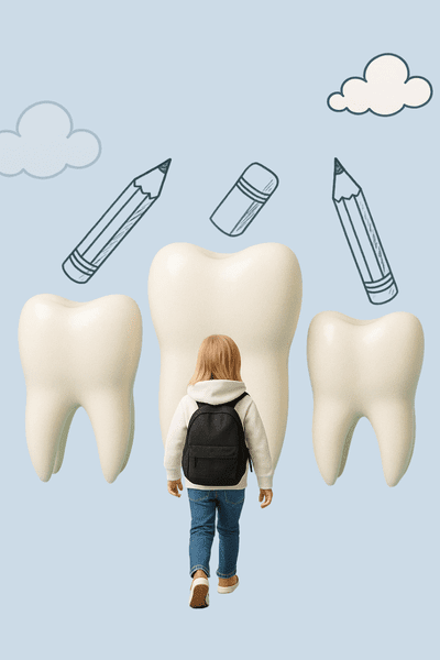 Child walking toward a giant tooth prop — fun orthodontic experience in Vancouver