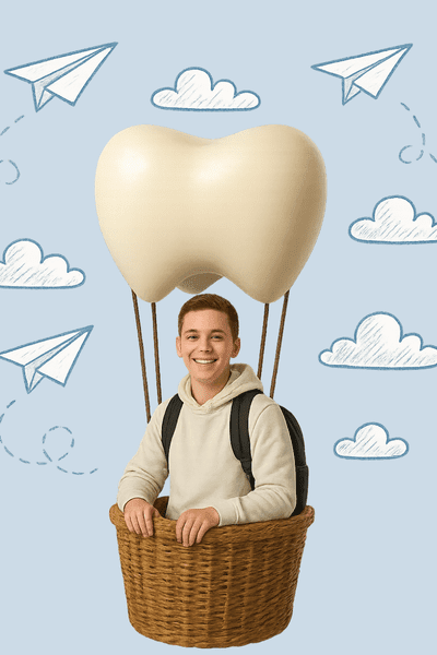 Child sitting in a tooth-shaped balloon basket — fun orthodontic experience in Vancouver